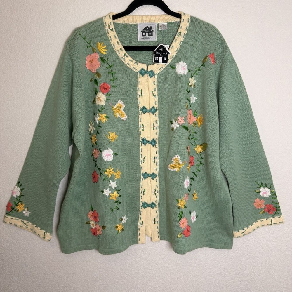 Storybook Knits Jade Green Cardigan 3X Floral Butterfly Embroidered Sweater NWT